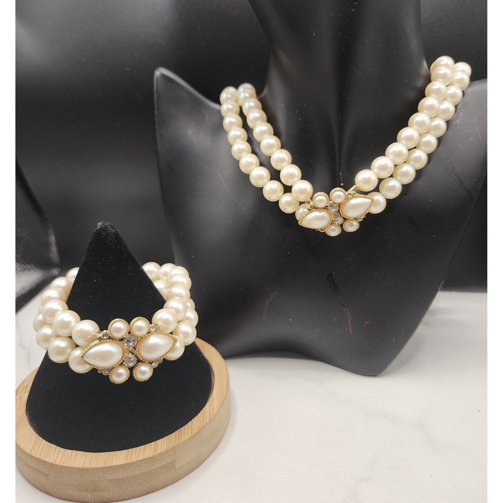 Vintage Richelieu Faux Pearl Necklace Bracelet Set Gold Tone Rhinestone Floral